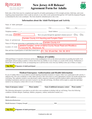 New Jersey 4-H Release Agreement Form for Adults
