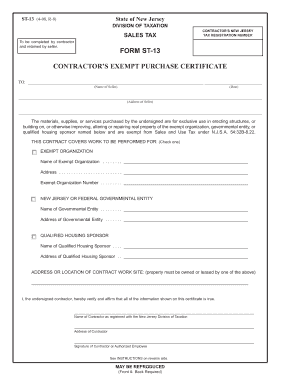 New Jersey Contractor's Exempt Purchase Certificate