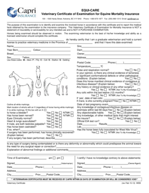 Veterinary Certificate of Examination for Equine Mortality Insurance