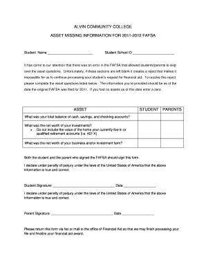 FAFSA Asset Missing Information Form