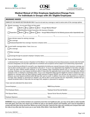 Medical Mutual of Ohio Employee Application/Change Form