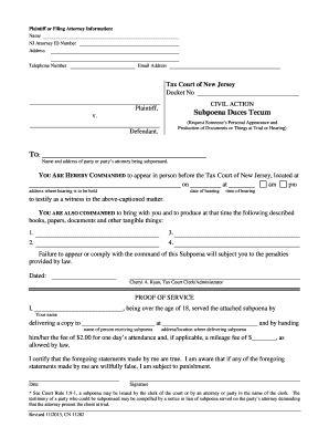 New Jersey Subpoena Duces Tecum