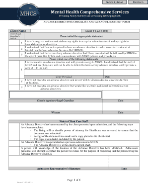 Advance Directives Checklist and Acknowledgment Form