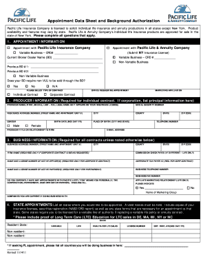 Pacific Life Insurance Appointment Data Sheet
