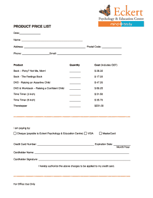 Product Price List Order Form