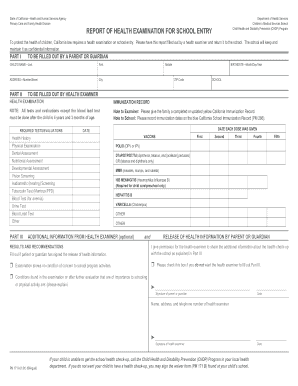 California School Entry Health Examination Report