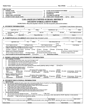 Los Angeles Unified School District Student Enrollment Form
