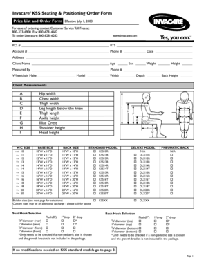 Invacare KSS Seating Order Form