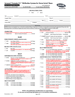 Invacare Formula CG Tilt/Recline Order Form