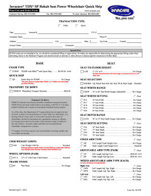 Invacare TDX SP Rehab Seat Power Wheelchair Order Form