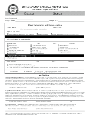 Little League Tournament Player Verification Form