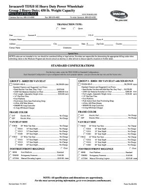Invacare TDX SI Heavy Duty Power Wheelchair Order Form