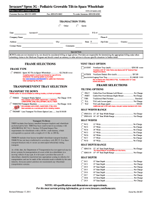 Invacare Spree 3G Wheelchair Order Form