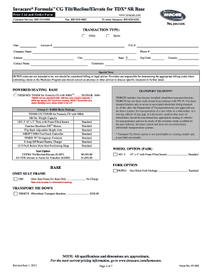 Invacare Formula CG Tilt/Recline/Elevate Order Form