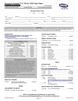 Invacare Formula CG Tilt Order Form