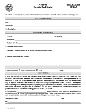 Arizona Resale Certificate 5000A