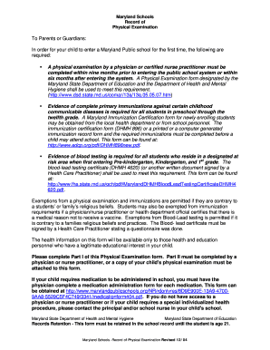 Maryland Schools Physical Examination Form
