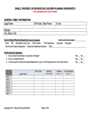 Estate Planning Worksheet for Single, Widowed, or Divorced Individuals