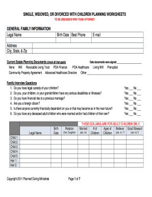 Estate Planning Worksheet for Single, Widowed, or Divorced with Children