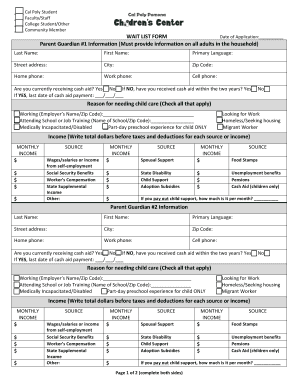 Wait List Form for Child Care
