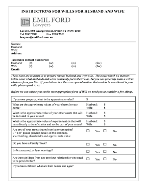 Instructions for Husband and Wife Wills