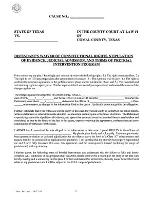 Texas Defendant's Waiver of Rights and Pretrial Intervention Agreement