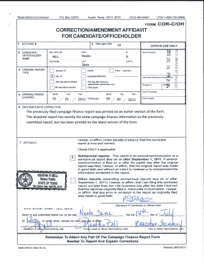 Texas Campaign Finance Correction Affidavit
