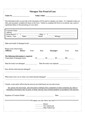 Nitrogen Tire Proof of Loss Claim Form