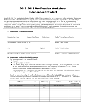 2012–2013 Verification Worksheet for Independent Students