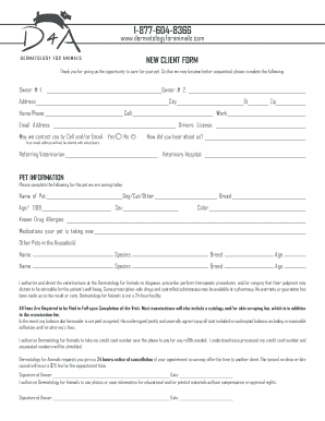Dermatology for Animals New Client Form