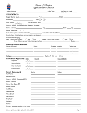 Diocese of Arlington Application for Admission