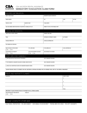 CSA Vacation Rental Insurance Mandatory Evacuation Claim Form