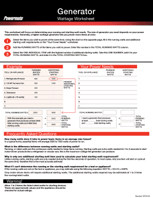 Generator Wattage Worksheet