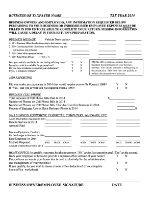 2014 Business Expense Deduction Form