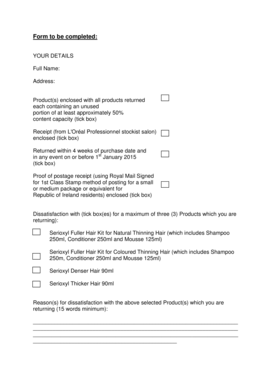 L'Oreal Professionnel Product Return Form