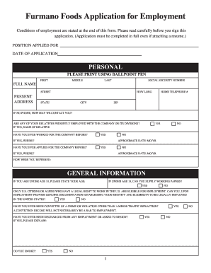 Furmano Foods Application for Employment