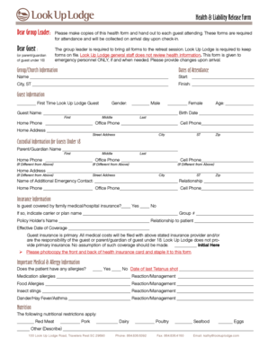 Look Up Lodge Health and Liability Release Form