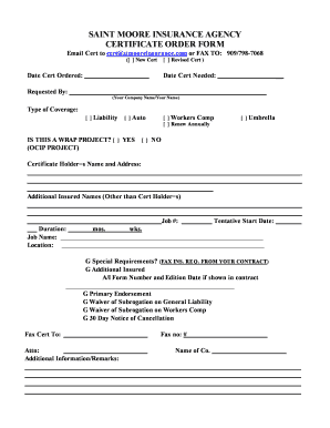 Insurance Certificate Order Form