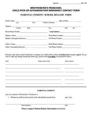 Child Pick-Up Authorization Emergency Contact Form