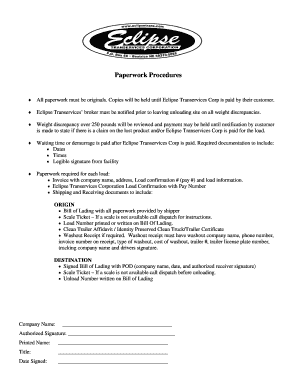 Eclipse Transervices Corp Paperwork Procedures