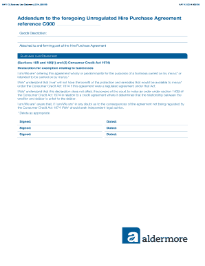 Addendum to Unregulated Hire Purchase Agreement