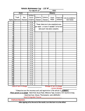 Vehicle Maintenance Log - LIC For Month of - tlcdevelopmentcenters