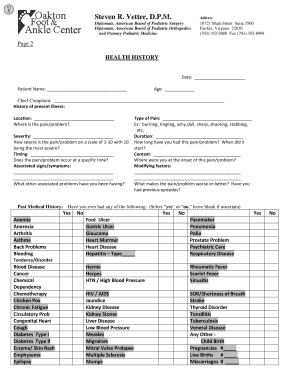Podiatrist Health History Form