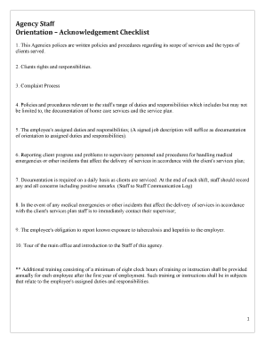Agency Staff Orientation Acknowledgement Checklist