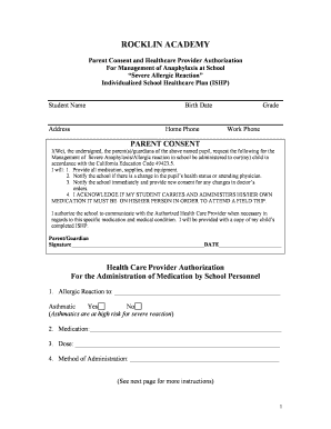 California Anaphylaxis Management Consent Form
