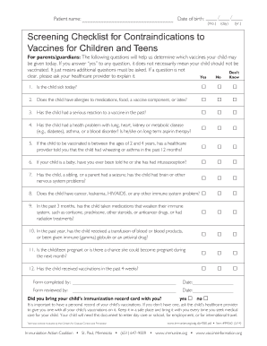 Screening Checklist for Contraindications to Vaccines for Children and Teens