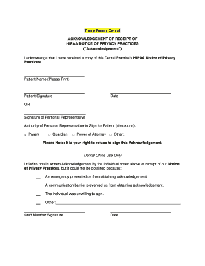 HIPAA Privacy Practices Acknowledgement Form