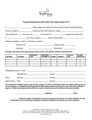 Yampu Booking Form and Credit Card Authorization