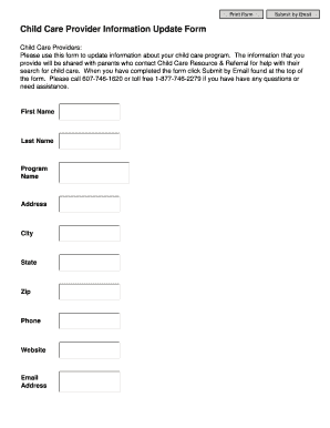 Child Care Provider Information Update Form