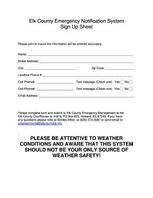 Elk County Emergency Notification System Sign Up Sheet